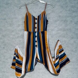 Striped Jumpsuit Womens Small Mustard Blue White Button Front Sleeveless Casual